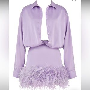 Tyra Feather Trim Long Sleeve Satin Shirtdress